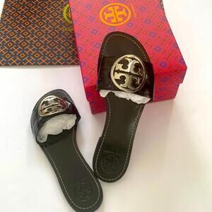 Tory Burch Black and Silver Slide Sandals Size 8